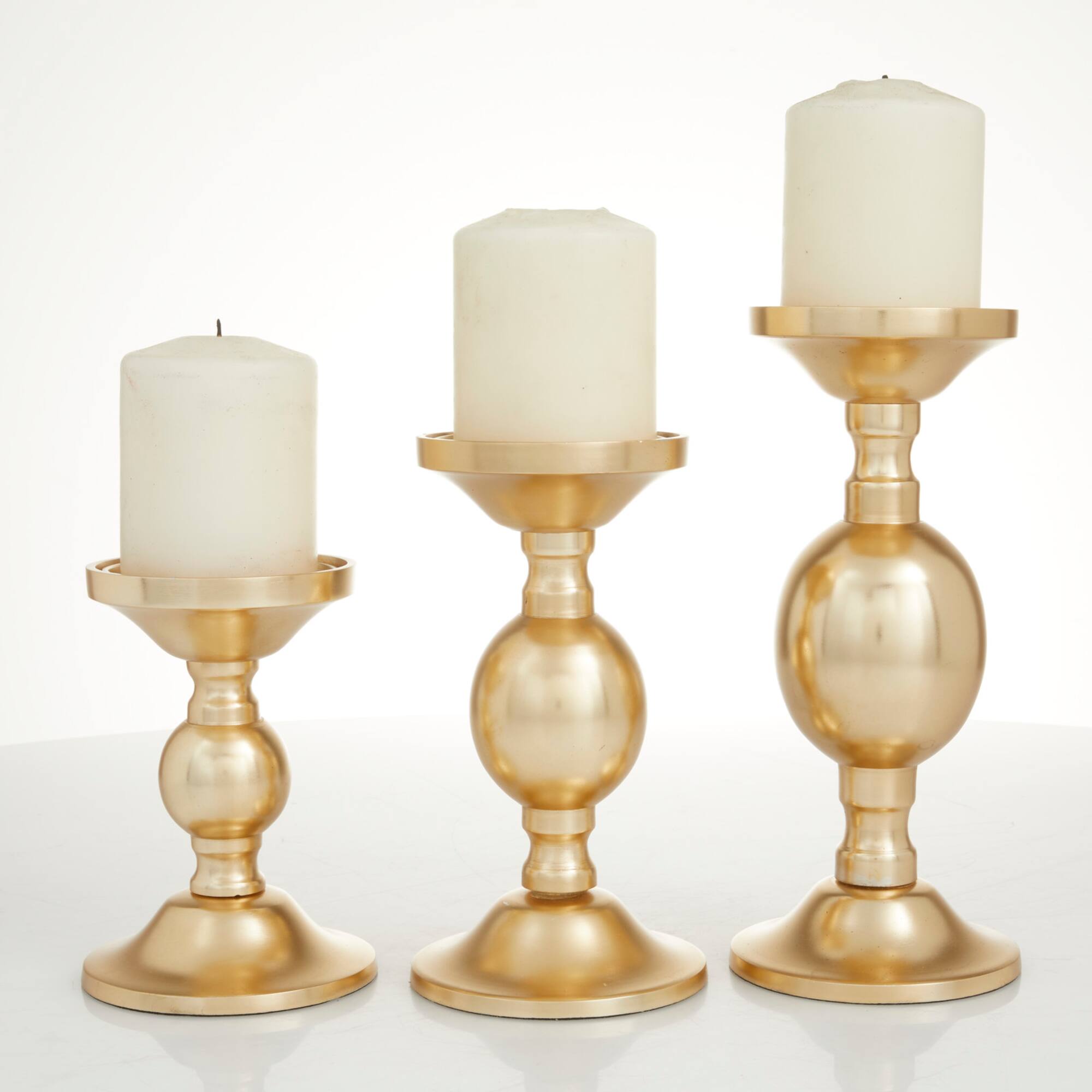 Set of 3 Gold Aluminum Transitional Candle Holders, 10" x 4" x 4"